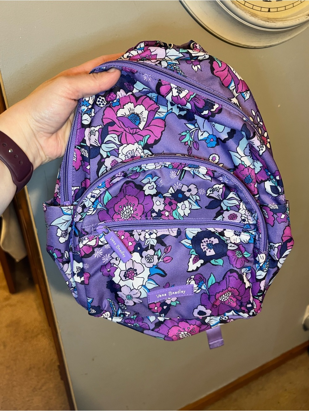Vera Bradley Purple Floral Mini Backpack with Pink & Blue Accents